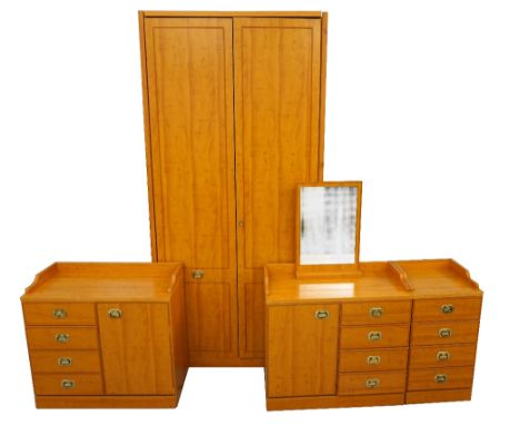 YEW EFFECT BEDROOM SUITEcomprising a large two panel door wardrobe with adjustable shelves, 219cm x 105cm, two 3/4 galleried 