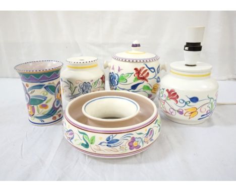 'POOLE' HANDPAINTED POTTERY
with floral decoration, comprising vase with salmon pink base bearing impressed and incised marks