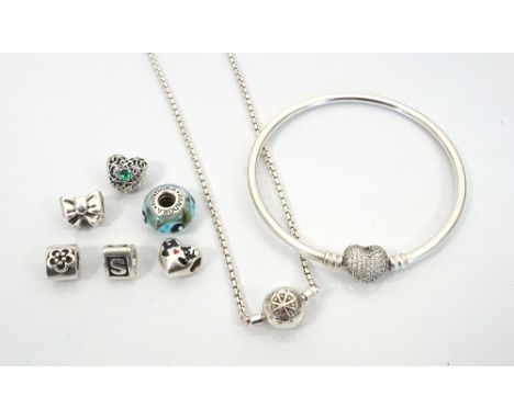 SELECTION OF PANDORA SILVER JEWELLERYcomprising a bangle with heart clasp, a necklace and six loose charms of various design