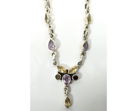 GEM SET SILVER NECKLETthe front pendant section set with amethyst, citrine and smoky quartz, on attached silver chain