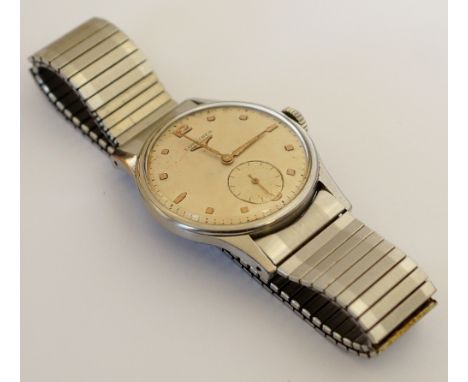 GENTLEMAN'S 'LONGINES' MANUAL WRISTWATCH
the circular silvered dial with baton markers and a subsidiary seconds dial, on a la