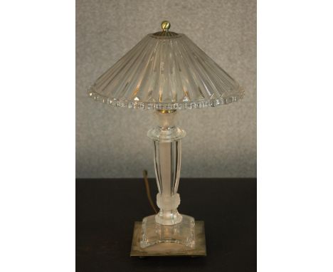 A glass table lamp with a holophane style shade, on a square base. H.45 Dia.28cm. 