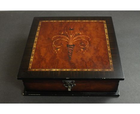 A marquetry jewellery box full of costume jewellery, including a hematite and carnelian necklace, green agate and garnet neck