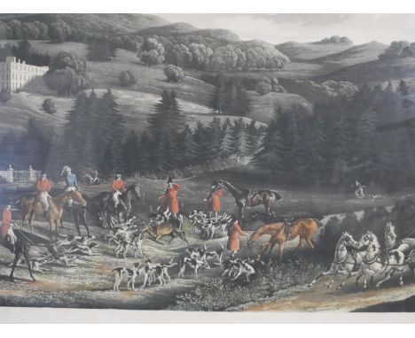 A 19th century hand coloured engraving of a hunting scene, Casse au cerf. H.54 W.72cm. 