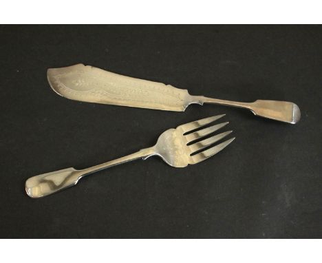 A Victorian engraved silver fish knife and fork serving set by Charles Boynton decorated with a stylised fern design. Hallmar