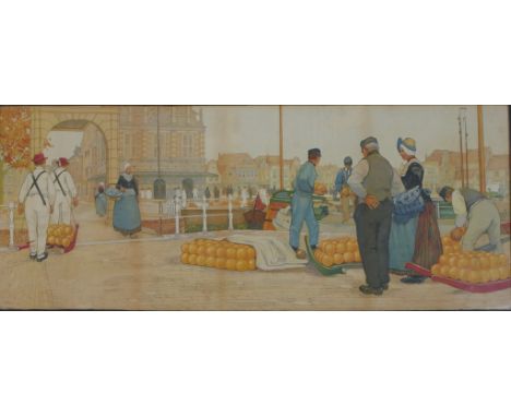 Henri Cassiers (1848 - 1944), coloured lithograph, Dutch market scene, framed. H.53 W.111cm