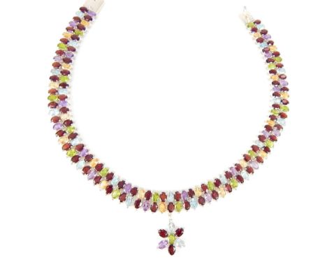 Contemporary Silver necklace with star pendant, peridot, garnet, citrine, amethyst