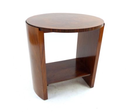 Art Deco walnut side table with reversable top, walnut or retro red formica with clamp mechanism, lower shelf, curved support