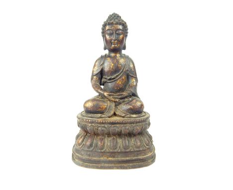 Guan Yin, Chinese gilded statue, sitting in a kneeling position upon a plinth, four character stamp to rear, 23cm h