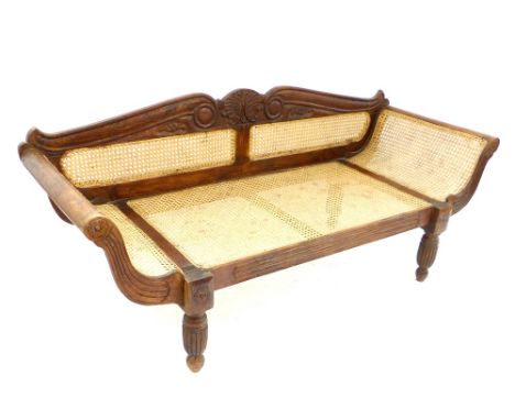 Indian , Colonial hardwood & rattan day bed / chaise lounge / sofa, leaf carving to shaped back, further rosette & reed carvi