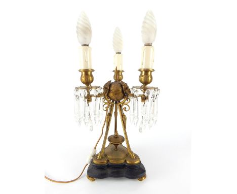 French late Empire tri-pot candelabra lustre, (converted light fitting) or to tear drop decoration tri-hoof supports. 30cm h,