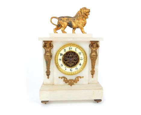 A late 19th century French alabaster mantle clock, of square form, the enamel dial with black painted Arabic numerals, with s