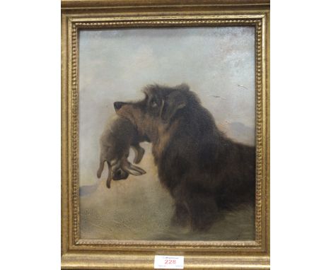 A LATE 19TH / EARLY 20TH CENTURY PORTRAIT STUDY of a dog holding a rabbit in his mouth, indistinctly signed lower right, oil 