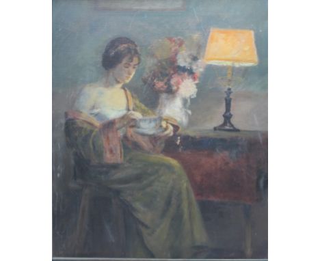 SLADE SCHOOL (XX). Study of a woman next to a lamp, oil on canvas, framed, 60 x 50.5 cm