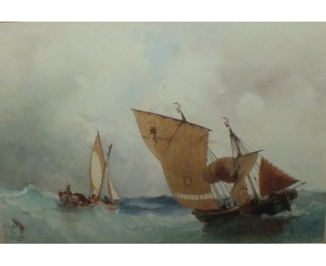 LUIGI RICCARDI (1808 - 1877). A stormy seascape with fishing boats and crew, signed lower left, watercolour, framed and glaze