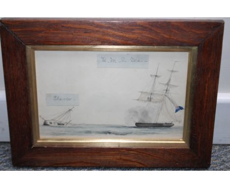 A 19TH CENTURY PRIMITIVE SEASCAPE with H.M.S. Dee sinking a slave ship, unsigned watercolour, framed and glazed 13 x 22 cm