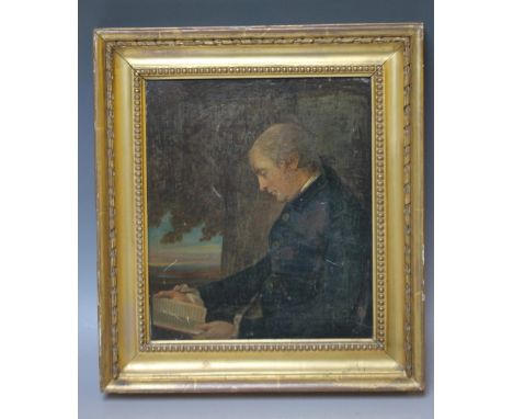 A 19TH CENTURY PORTRAIT STUDY of a seated gentleman reading a book beside a tree, landscape beyond, unsigned, oil on paper la