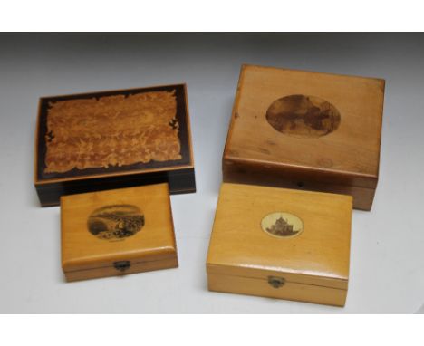AN INLAID PLAYING CARD BOX, W 16 cm, D 12.5 cm, H 5 cm, together with a collection of three Mauchlin ware boxes (4)