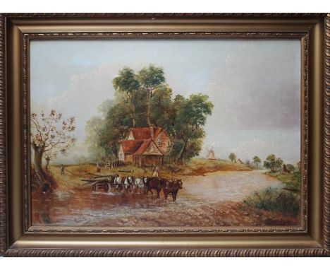 J. W. M. A rural river landscape with horse pulled log cart crossing a ford, with figures, cottages and windmill, signed lowe