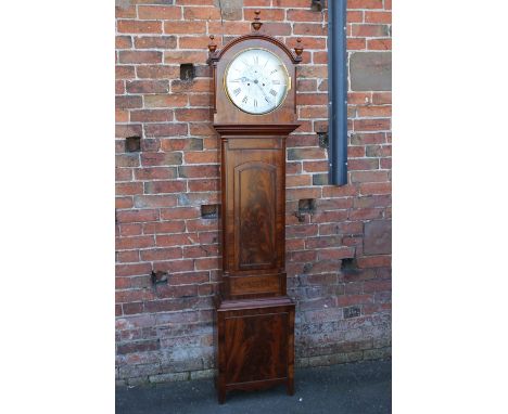A 19TH CENTURY MAHOGANY EIGHT DAY LONGCASE CLOCK, the circular 13"  silvered dial with Roman and Arabic numerals, subsidiary 