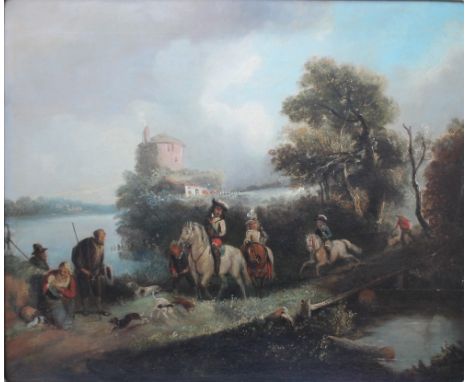 CIRCLE OF JAN WIJNANTS (1632-1684). Hunting scene with figures, oil on canvas, gilt framed, 50 x 60 cm