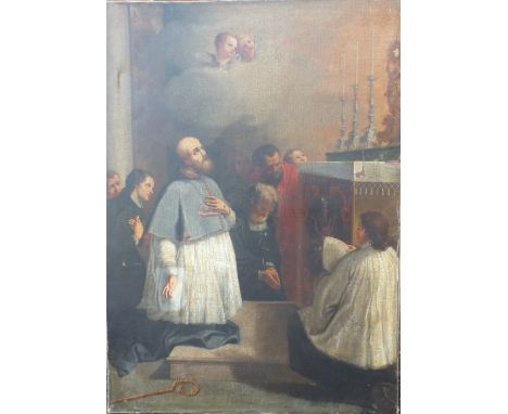 ITALIAN SCHOOL (18TH CENTURY). A religious interior scene with a Priest gazing upwards with cherubs above, oil on canvas, unf