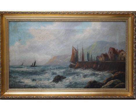 M. D. MORRIS. A stormy coastal village scene with sailing vessels in harbour, signed lower left, oil on canvas, framed, 29 x 