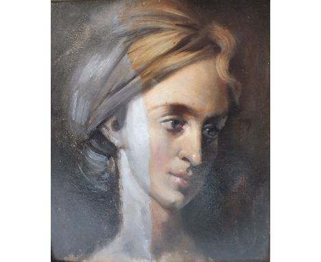 ENGLISH SCHOOL (XX-XXI).  'Coming out of the Shadows' portrait study of a young lady, see verso, unsigned, oil on board, fram