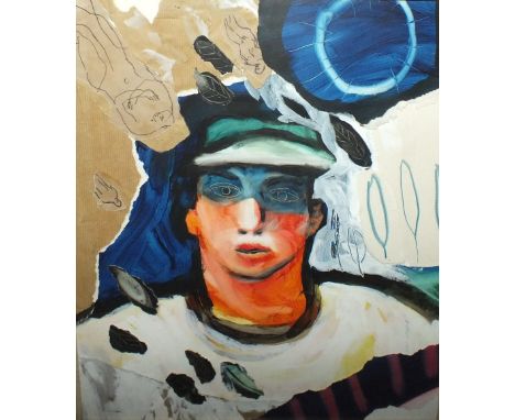 ROBERT LITTLEFORD (XX). An abstract portrait of a man, signed lower right, mixed media collage and oil, framed and glazed, 39