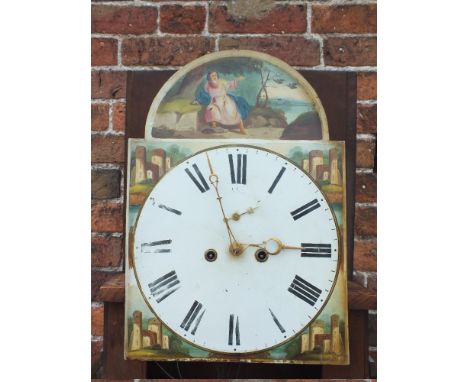 A 19TH CENTURY OAK AND MAHOGANY 8 DAY LONGCASE CLOCK, the painted arched dial with faded subsidiary seconds dial, possible ma