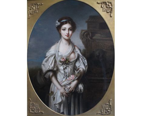 CIRCLE OF JEAN-BAPTISTE GREUZE (1725-1805). Portrait of a classical semi-clad maiden, oil on canvas, gilt framed, 110 x 83 cm