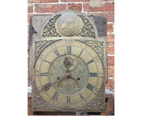 A 19TH CENTURY OAK AND MAHOGANY 8 DAY LONGCASE CLOCK BY JOHN STEEL OF LEEK, the arched brass dial with date aperture and subs