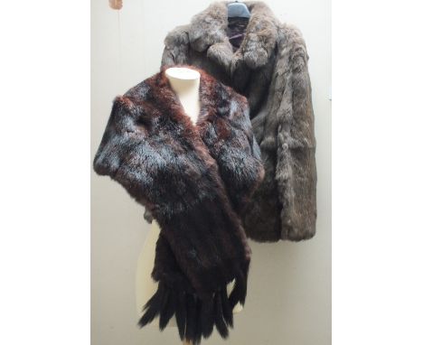 A LADIES VINTAGE FUR STOLE, with attached tippets, fully lined, together with a ladies vintage coney fur jacket (2)