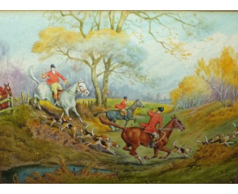 G. HAMMOND.  'Crossing the Brook', a hunting scene depicting horse and hounds, signed lower right, watercolour, framed and gl