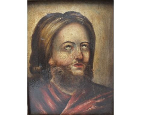 SPANISH SCHOOL (XIX). A portrait image of a religious figure, unsigned, oil on canvas, ornate and gilt framed, 38 x 29.5 cmCo