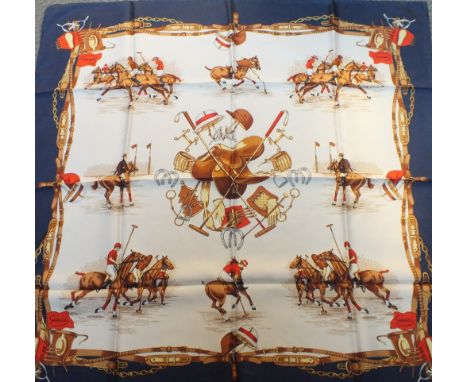 TWO VINTAGE EQUESTRIAN THEMED LADIES SILK SCARVES, comprising a 'Gucci' polo themed example, 86 x  86 cm and  a Celine of Par