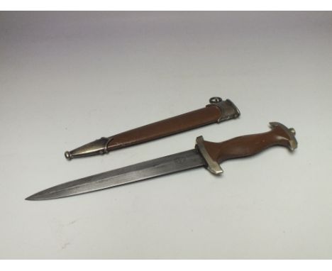 A NAZI STYLE ARMY DAGGER IN BROWN SCABBARD, inscribed on blade 'Alles fur Deutschland' and 'Rich Abr Herder, Berlin', blade L