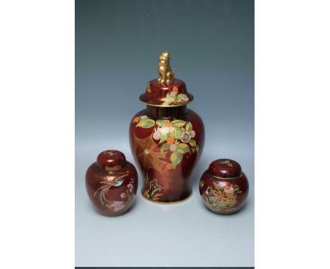 A LARGE CARLTONWARE ROUGE ROYALE TEMPLE JAR AND COVER, together with two Rouge Royale ginger jars and covers  (3)