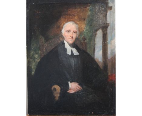 A 19TH CENTURY BRITISH SCHOOL PORTRAIT STUDY of a seated cleric, landscape beyond, unsigned, oil on panel, unframed, 26 x 20 