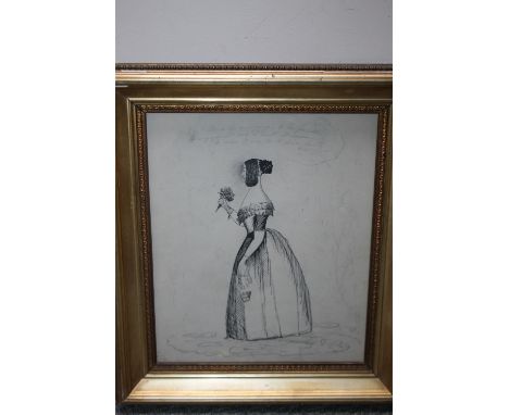 A 19TH CENTURY BRITISH SCHOOL, Portrait study of a lady holding a posy of flowers, inscribed, unsigned, pen & ink on paper, f
