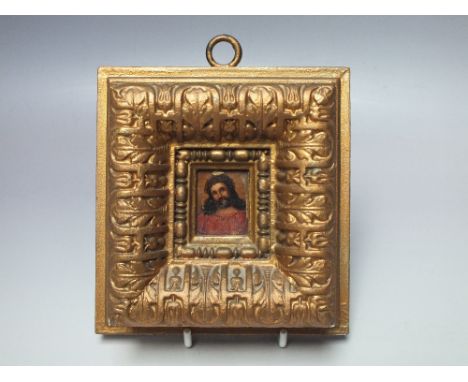 A 19TH CENTURY MINIATURE PORTRAIT STUDY of Jesus Christ with Crown of Thorns, unsigned, oil on board, framed in decorative gi