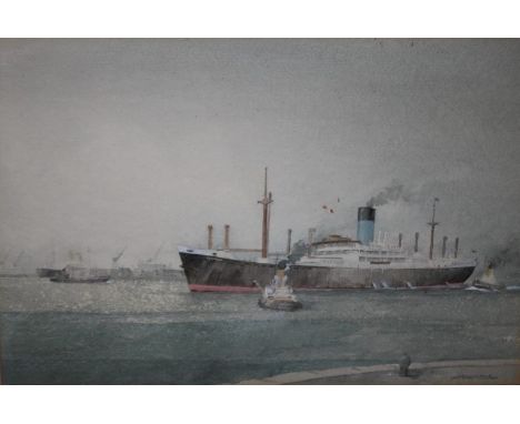 J. MEADOWE. Study of the M. V. ALCINOUS of the Blue Funnel Line being escorted by tugs, see information on label verso, signe