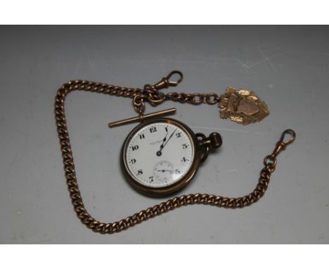 A HALLMARKED 9 CARAT ROSE GOLD ALBERT CHAIN, T-BAR AND FOB, with a base metal open faced manual wind pocket watch, chain bar 