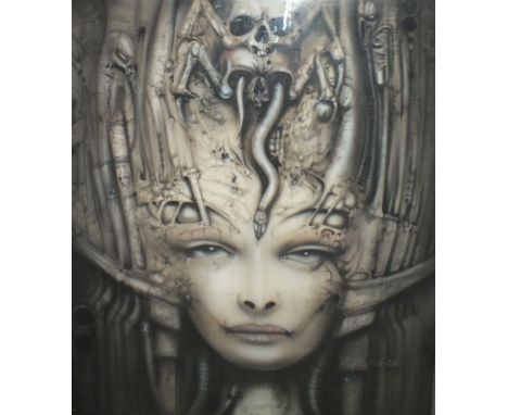 H. R. GIGER (1940-2014).  A surrealist portrait of a female queen alien figure 'Li II', artist signed dedication verso, print