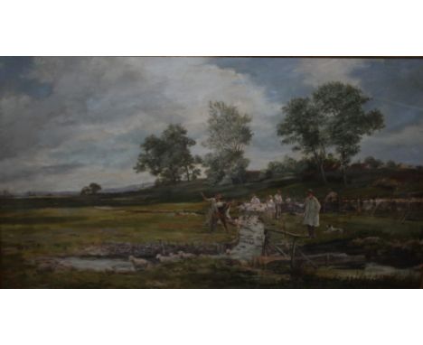 M. BEST. A late 19th / early 20th century English school sheep dipping scene, unsigned, see verso, oil on canvas, framed and 