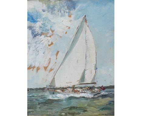 JEAN ALEXANDER (XX). A seascape with sailing vessel, signed lower right, oil on canvas on board, framed, 47.5 x 35.5 cm
