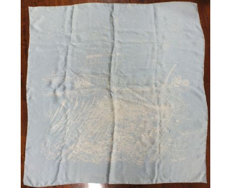 A VINTAGE JOHN PIPER 'SNAPE MALTINGS' SILK PRINTED SCARF, pale blue ground with white sketch imagery landscape of Snape Malti