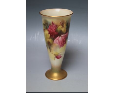 A ROYAL WORCESTER BLUSH IVORY CONICAL SHAPED VASE, painted with roses, signed E. Spilsbury, No. 2601 to the base, H 17.5 cm