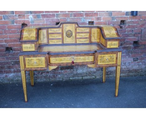 A LARGE AND IMPRESSIVE CONTEMPORARY CARLTON HOUSE DESK, made in simulated maple walnut and rosewood, painted floral detail th