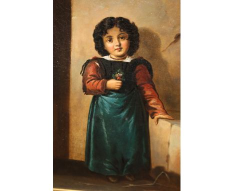 19TH CENTURY CONTINENTAL SCHOOL, a portrait study of a young girl holding a posy of flowers, unsigned, oil on canvas (re-line